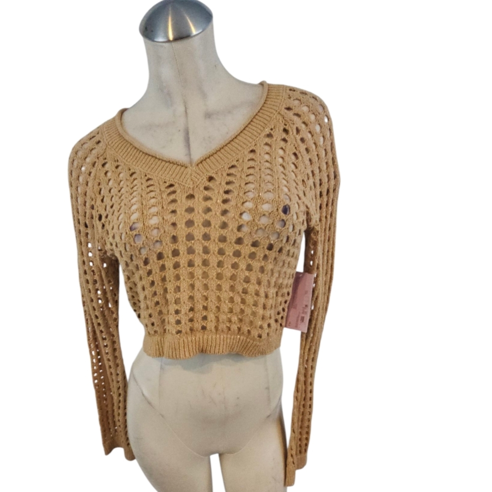 3/$25 Wild Fable Size XS Crochet Cropped Knit Sweater Light Taupe Shine